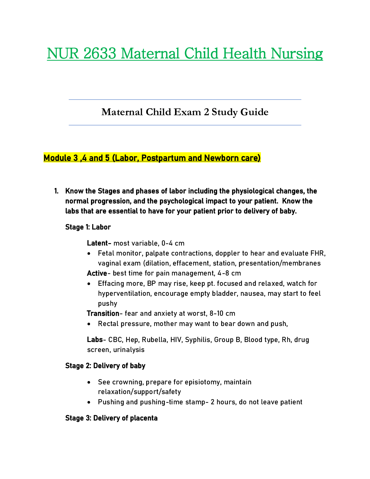 Recommended document preview for NUR 2633 / NUR2633 Exam 2 Study Guide Updated: Maternal Child Health Nursing - Rasmussen